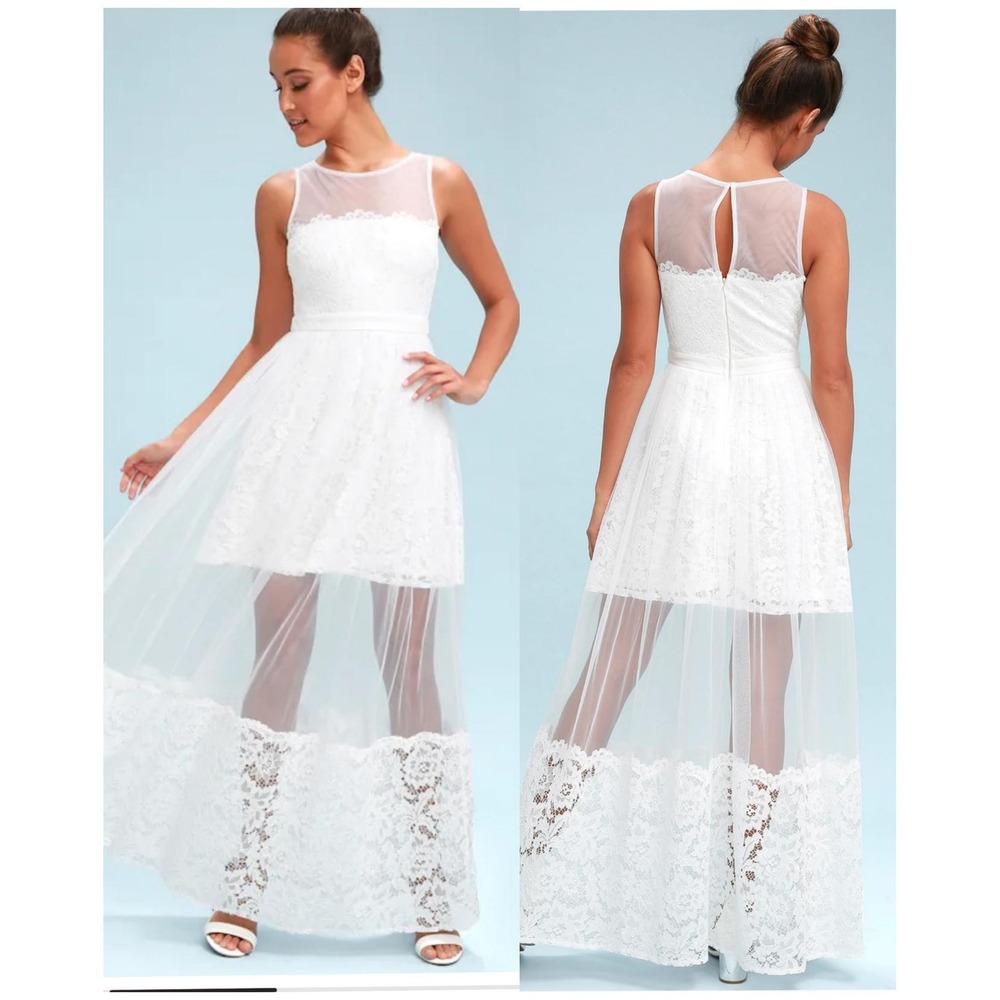 Lulus White Dorit White Lace Mesh Tiered Maxi Dress Bridal Size Small NWT